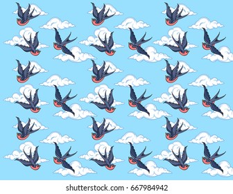 A background of soaring swallows and clouds. . Old school tattoo style.