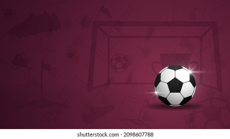 Background with soccer ball for championship. Cup, goal, football boots, corner flag on a dark scarlet background. Template 2022. Vector