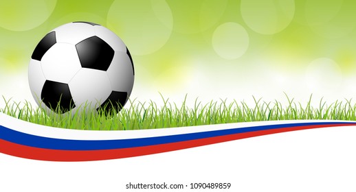 background with soccer ball lying in the grass with russian colors banner