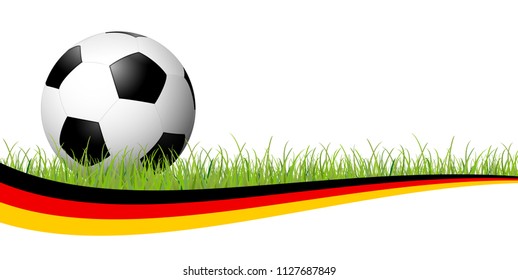 background with soccer ball lying in the grass with german colors banner