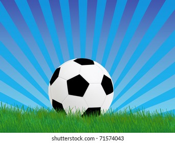 Background with soccer ball on green grass, vector illustration