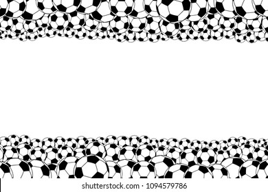 Background of soccer balls, located at top and bottom, black on white