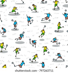 Background with soccer players with ball . Seamless pattern of minimalistic doodle sportsmen in action. Vector illustration with football team on competition 