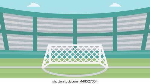 Background of soccer stadium. Soccer stadium with gate. Soccer field. Soccer arena. Soccer stadium vector flat design illustration. Horizontla layout.