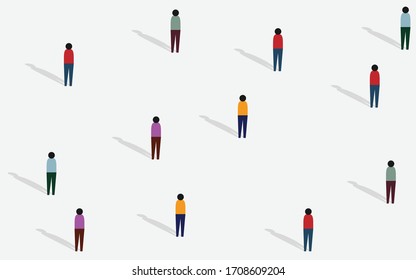 Background Social distancing concept. People while standing in outside yard area in daytime with shadow on the floor with minimum distance to each other. Social distancing in coronavirus outbreak 