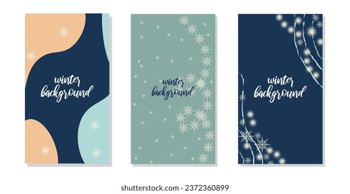 Background in social networks stories winter theme. Snowflakes color spots. Vertical background template. Insta style elements of nature in blue white and dark blue tones. Vector illustration.