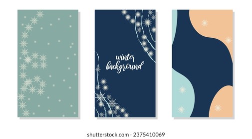 Background in social networks stories winter theme. Abstract winter elements. Vertical background template. Insta style elements of nature in blue white and dark blue tones. Vector illustration.