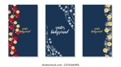 Background in social networks stories winter theme. Frame Christmas colored balls. Vertical background template. Insta style elements of nature in blue white and dark blue tones. Vector illustration.