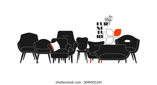 Background with soft furniture from the 60s. Illustration in retro style. Vector banner on the white background with couch, divan, sofa, chair, armchair. Silhouettes of vintage pieces of furnitures.