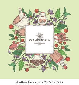 Background with solanum indicum: brihati plant, leaves, solanum indicum flowers and solanum indicum berries. Brihati. Oil, soap and bath salt . Cosmetics and medical plant. Vector hand draw