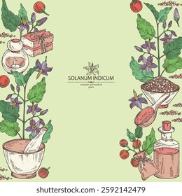 Background with solanum indicum: brihati plant, leaves, solanum indicum flowers and solanum indicum berries. Brihati. Oil, soap and bath salt . Cosmetics and medical plant. Vector hand draw