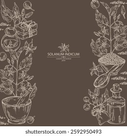 Background with solanum indicum: brihati plant, leaves, solanum indicum flowers and solanum indicum berries. Brihati. Oil, soap and bath salt . Cosmetics and medical plant. Vector hand draw