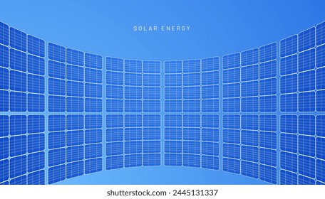 Background of solar panels - alternative eco-energy. Poster of ecological green energy concept. Vector illustration of a backdrop for energy efficient technology