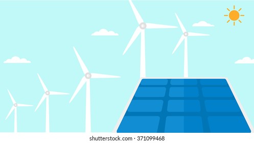 Background of solar panels and wind turbines.