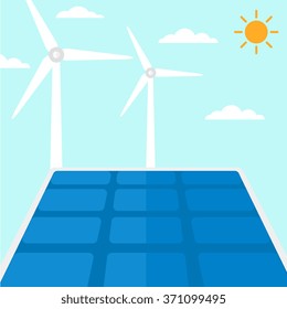 Background of solar panels and wind turbines.