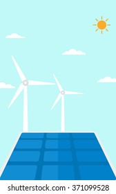 Background of solar panels and wind turbines.