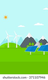 Background of solar panels and wind turbines in mountains.