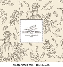 Background with sophora japonica and bottle o fsophora japonica oil. Vector hand drawn illustration