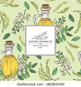 Background with sophora japonica and bottle o fsophora japonica oil. Vector hand drawn illustration