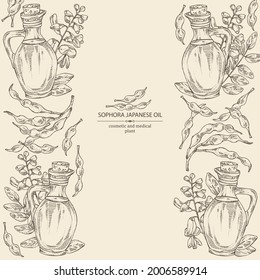 Background with sophora japonica and bottle o fsophora japonica oil. Vector hand drawn illustration