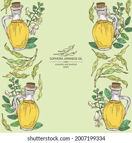 Background with sophora japonica and bottle o fsophora japonica oil. Vector hand drawn illustration