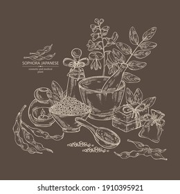 Background with sophora japonica: branch, flower and pod of sophora japonica. Oil, soap and bath salt . Cosmetics and medical plant. Vector hand drawn illustration