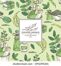 Background with sophora japonica: branch, flower and pod of sophora japonica. Oil, soap and bath salt . Cosmetics and medical plant. Vector hand drawn illustration