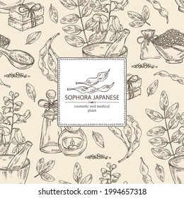 Background with sophora japonica: branch, flower and pod of sophora japonica. Oil, soap and bath salt . Cosmetics and medical plant. Vector hand drawn illustration