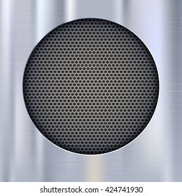Background with sound speakers dynamics metal mesh. Background of polished metal with flare, patches of light. Audio speaker on a shiny metal background with bolts. Vector Illustration. 
