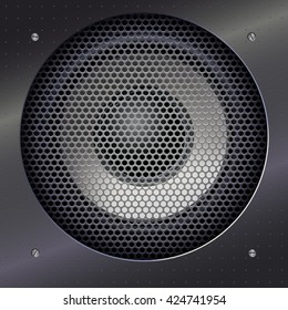 Background with sound speakers dynamics and metal mesh. Background of polished metal with flare, patches of light. Audio speaker on a shiny metal background with bolts. Vector Illustration. 