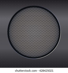 Background with sound speakers dynamics metal mesh. Background of polished metal with flare, patches of light. Audio speaker on a shiny metal background with bolts. Vector Illustration. 