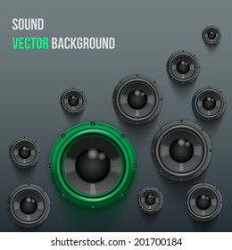 Background of Sound speakers Dynamics with one green piece. Vector Illustration.
