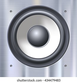 Background with sound speakers dynamics. Background of polished metal with flare, patches of light. Audio speaker on a shiny metal background with bolts. Vector Illustration. 