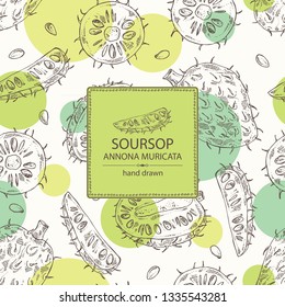 Background with soursop: fruit and soursop slice. Annona muricata. Vector hand drawn illustration.