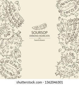 Background with soursop: fruit and soursop slice. Annona muricata. Vector hand drawn illustration.