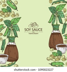 Background with soy sauce: a bottle of soybean, a bowl of soy sauce, soya beans and soybean plant. Vector hand drawn illustration