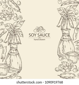 Background with soy sauce: a bottle of soybean, a bowl of soy sauce, soya beans and soybean plant. Vector hand drawn illustration