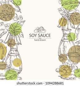 Background with soy sauce: a bottle of soybean, a bowl of soy sauce, soya beans and soybean plant. Vector hand drawn illustration