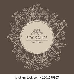 Background with soy sauce: a bottle of soybean, a bowl of soy sauce, soya beans and soybean plant. Vector hand drawn illustration