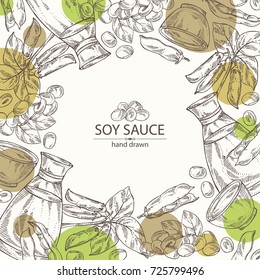 Background with soy sauce: a bottle of soybean, a bowl of soy sauce, soya beans and soybean plant. Vector hand drawn illustration.
