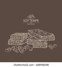 Background with soy tempe and soybeans. Vector hand drawn illustration.