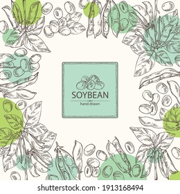 Background with soybean: bean, soy pod, plant and leaves. Vector hand drawn illustration. 