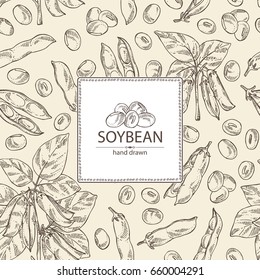 Background With Soybean: Bean, Soy Pod, Plant And Leaves. Vector Hand Drawn Illustration.