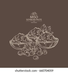 Background with soybean paste, miso and soya beans. Vector hand drawn illustration.