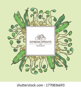 Fondo con brotes de soja: brotaron soja y soja. Ilustración dibujada a mano por el vector