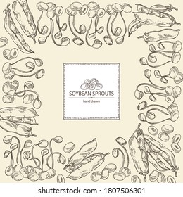 Background with soybean sprouts: sprouted soybean and soybeans. Vector hand drawn illustration