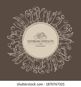 Background with soybean sprouts: sprouted soybean and soybeans. Vector hand drawn illustration