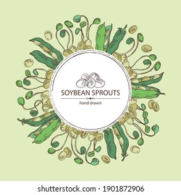 Fondo con brotes de soja: brotaron soja y soja. Ilustración dibujada a mano por el vector