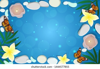 Background for spa salon. Frame of stones, plumeria, palm leaves, candles, palm leaves. Vector illustration.