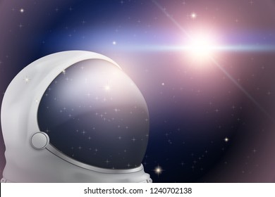 Background of Space with astronaut helmet. The reflection of space in the helmet visor. Abstract scientific background. Editable Vector Illustration.